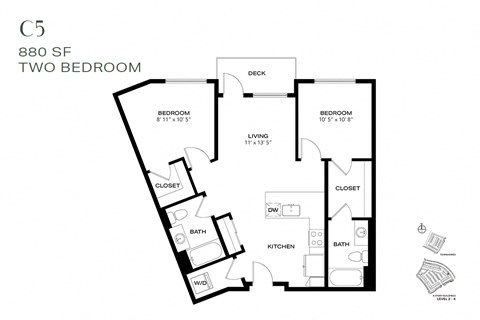 Floor plan for 2 beds, 2 baths, 880 sqft